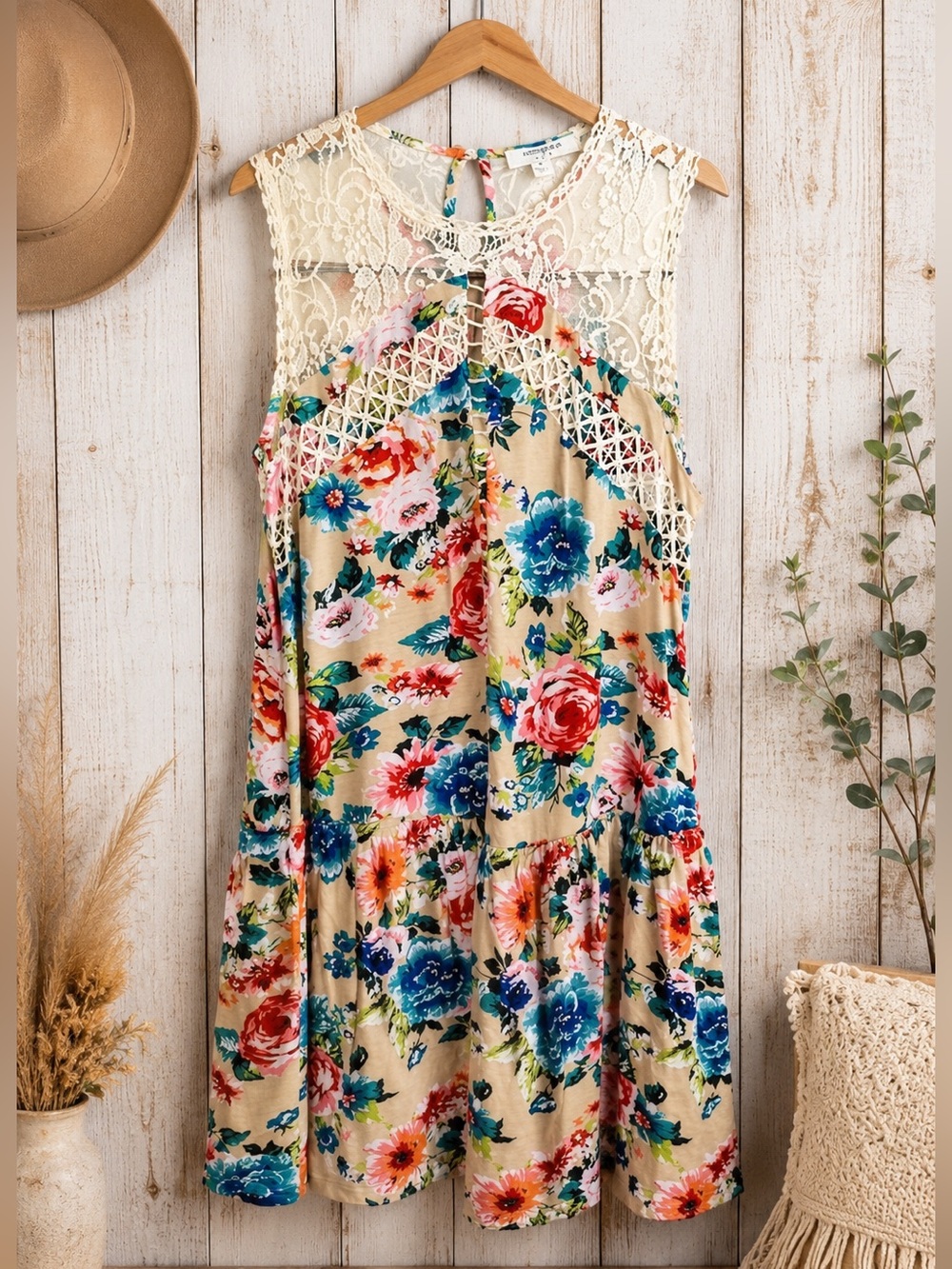 Umgee Floral Lace Fringed Baby Doll Top‎ Small